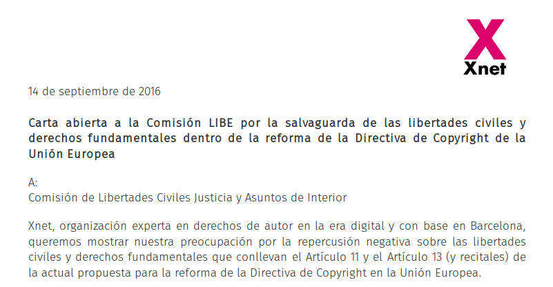 Carta abierta a la Comisión LIBE por la salvaguarda de las libertades civiles y derechos fundamentales dentro de la reforma de la Directiva de Copyright de la Unión Europea